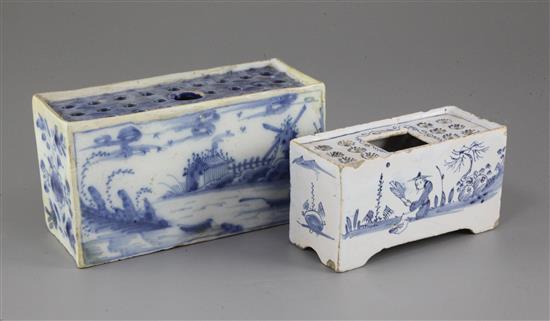 An English delftware blue and white flower brick and a similar Delft flower brick, c.1760, 16.2cm, the latter restored